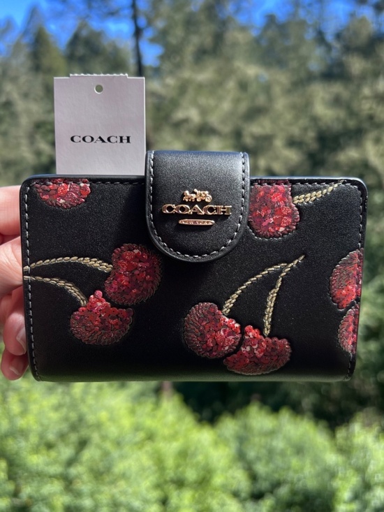 Coach Handbags - COACH Medium Black Leather Wallet w Red Sequin Cherry Print & Gold Hardware NWT